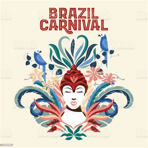 Brazilian Samba Dancers Face With Macaw Bird And Hibiscus Flower