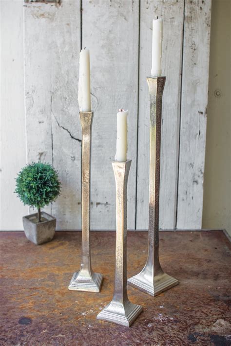 3 Pc Set Of Tall And Narrow Antique Silver Taper Candle Holders For Floor