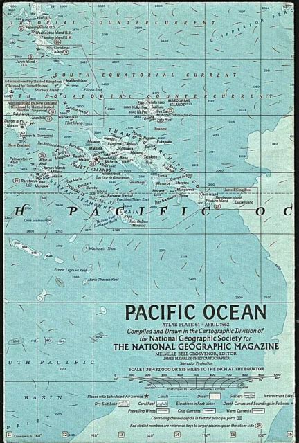 1962 4 April Vintage Map Pacific Ocean National Geographic Map Euc A3