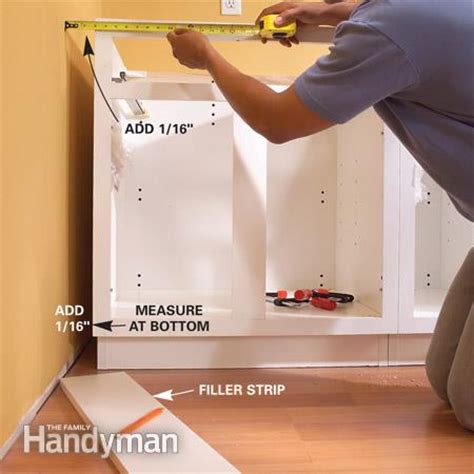 First, measure the plumbing area and mark where holes need to be cut. Installing Kitchen Cabinets | The Family Handyman
