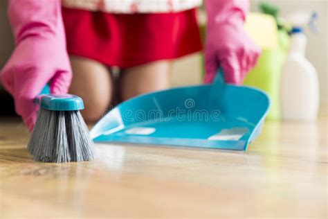Housework Cleaning And Housekeeping Concept Woman With Brush Stock Image Image Of Housework