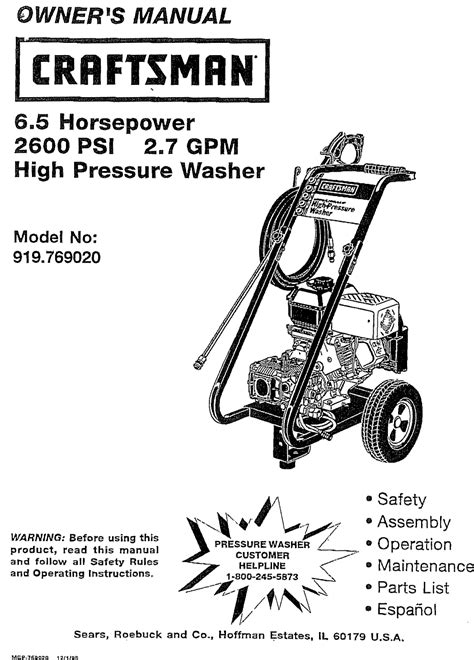 Craftsman 919769020 User Manual Pressure Washer Manuals And Guides L0805089