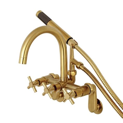 Kingston Brass Concord Brushed Brass 3 Handle Wall Mount High Arc Bathtub Faucet With Hand