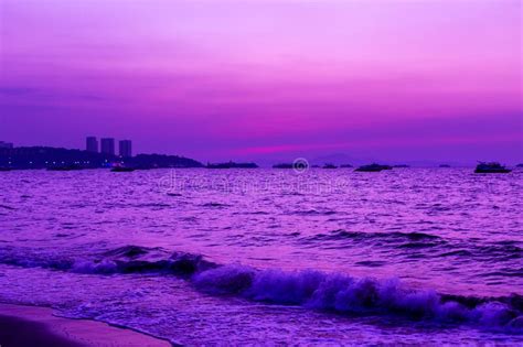 Landscape Beach And Sea And Purple Sky At The Sunset Stock Photo