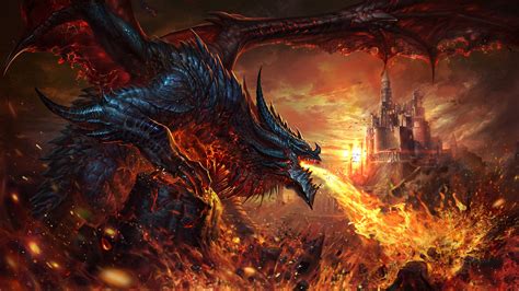 Fantasy Dragon Is Breathing Fire On Castle Hd Dreamy