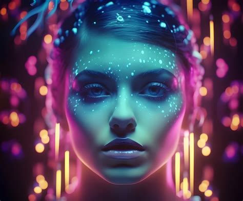 Premium Ai Image A Woman With Blue Face Paint And Neon Lights On Her