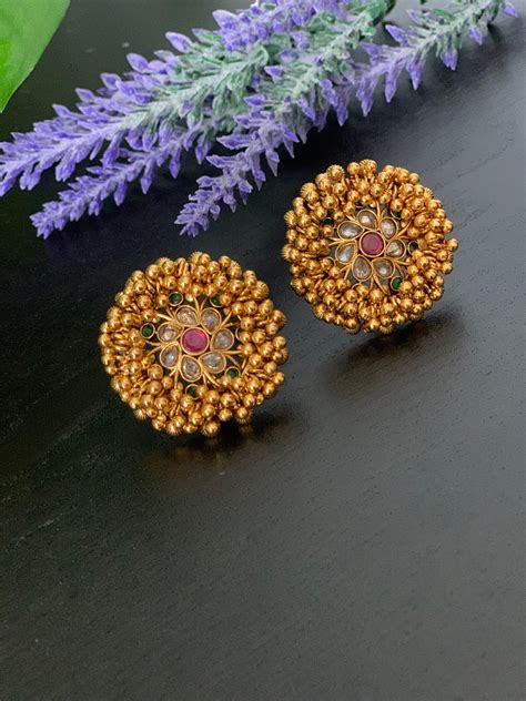 Antique Gold Finished Stud Earrings Statement Earrings Stud
