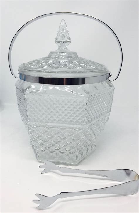 Vintage Hexagon Pressed Glass Lidded Ice Bucket With Bail Etsy Canada Ice Bucket Chrome