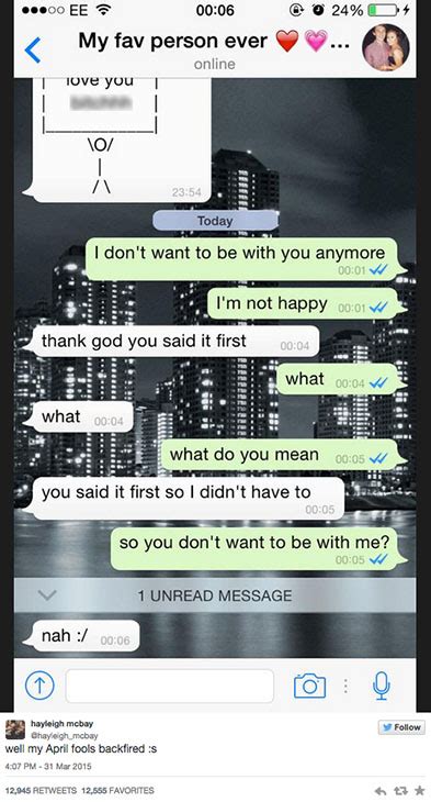 At the stroke of midnight — in uk time — mcbay responded to her boyfriend's most recent text message by saying that she didn't want to be with him anymore. Girl's April Fools' Day prank on her boyfriend totally backfires when he wants to break up too ...
