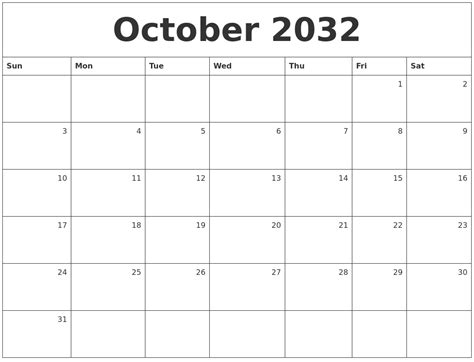 October 2032 Monthly Calendar
