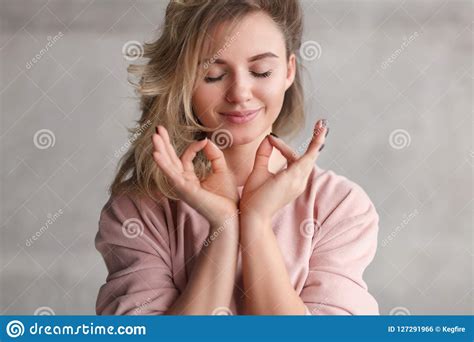 Beautiful Woman Holding Hands In Meditation Pose Stock Photo Image Of