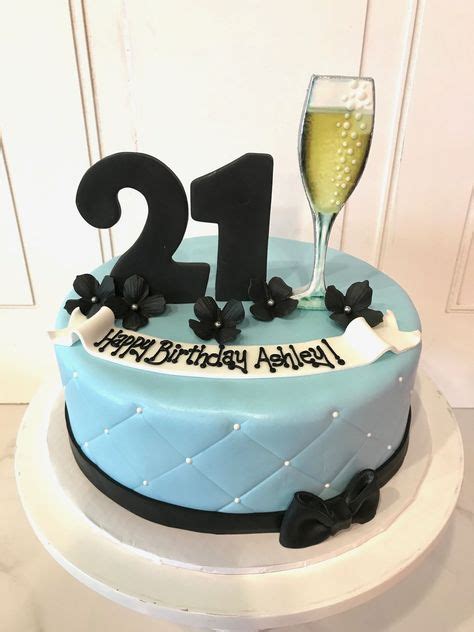 Blue Quilted Birthday Cake For 21st Birthday With 21 Flowers And Champagne Flutes By 3 Sweet