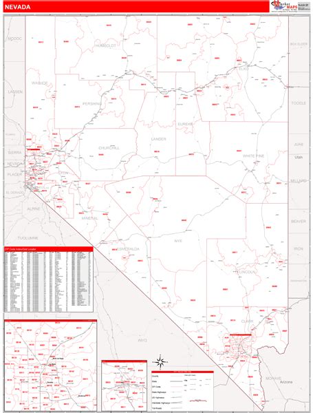 Nevada Zip Code Wall Map Red Line Style By Marketmaps