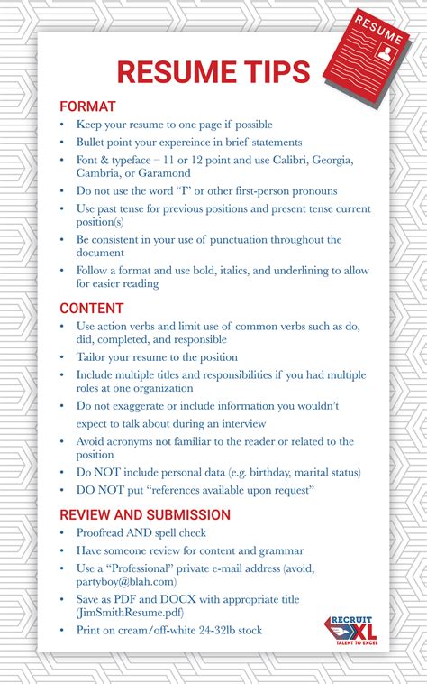 Enjoy our 1 minute resume tips, cover letter tips, career guides and many more. Tips for a Successful Resume - Recruit XL