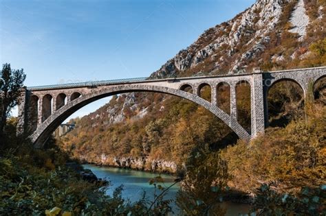 Solkan Railway Bridge With Stone Arch Over Soča River In Slovenia Stock