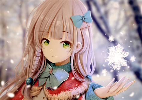Download 1600x1132 Anime Girl Snowflake Braid Ribbons Winter