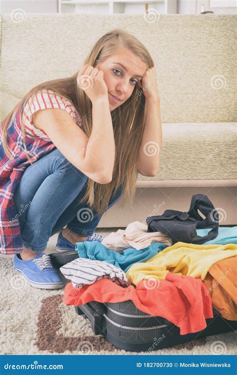 Young Girl Packing A Suitcase Stock Photo Image Of Home Person