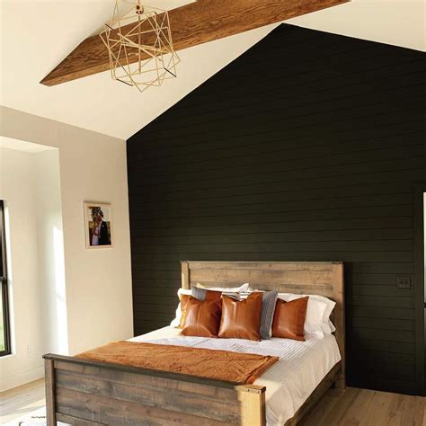 Bedroom With Black Shiplap Wall And Exposed Wood Beams Soul And Lane