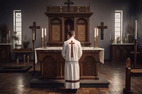 Christian Priest Standing By The Altar Ai Generated Stock Illustration