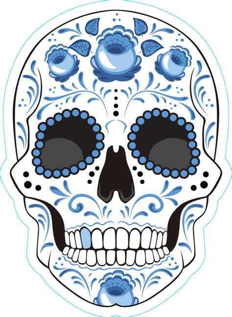 Day Of The Dead Sugar Skull With Blue Flowers And Curls Sticker