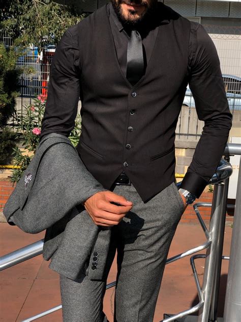 Lacot Slim Fit Plaid Suit Vest Black Bojoni Business Casual Attire