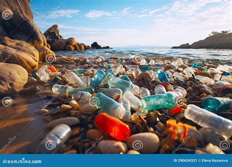 Garbage From Dirty Plastic Bottles On Ocean Shore Environmental