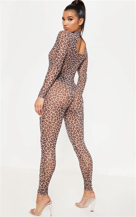 brown leopard print mesh long sleeve jumpsuit mesh long sleeve long sleeve jumpsuit brown