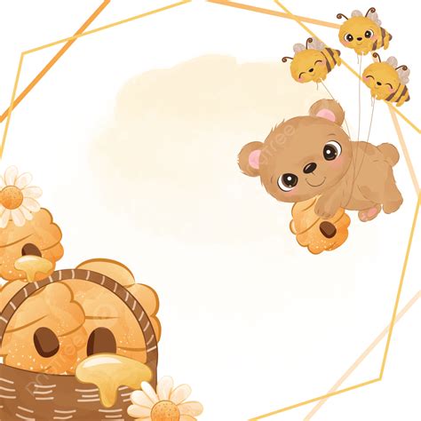 Honey Bee Watercolor Vector Art Png Cute Bear And Bee Background In