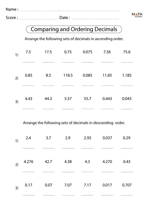 Comparing Decimals 4th Grade Worksheet