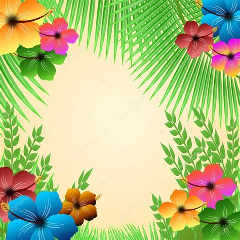 tropical frame with palms and hibiscus flowers vector illustration — vector by roxanabalint