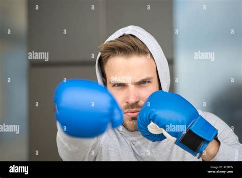Boxing Concept Man Athlete On Concentrated Face With Sport Gloves