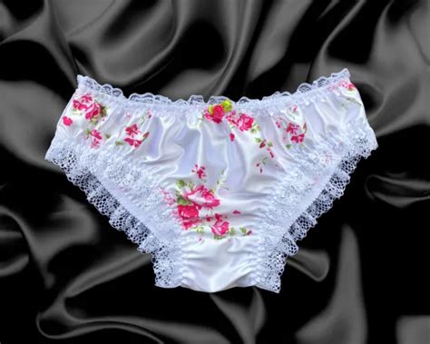 White Pink Satin Floral Frilly Lace Sissy Bikini Knickers Panties Size