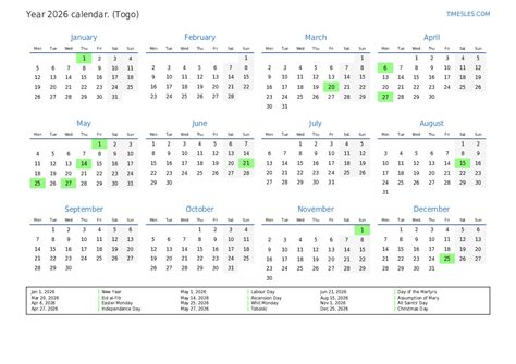 Calendar For 2026 With Holidays In Togo Print And Download Calendar