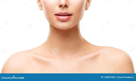 Woman Beauty Skin Care Model Face Lips Neck And Shoulders On White