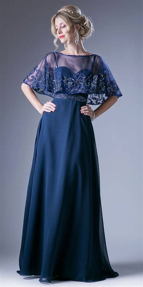 Navy Blue Bateau Neck Floor Length Formal Dress With Embroidered Poncho