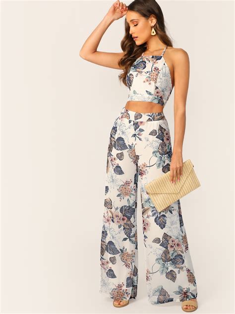 Floral Back Tie Crop Top And Palazzo Pants Set MakeMeChic COM