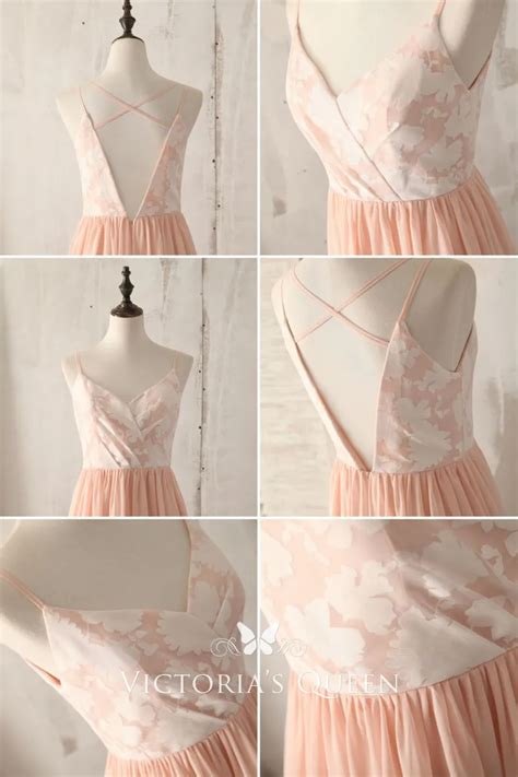 Spaghetti Strap Floral Print Peach Bridesmaid Dress Vq