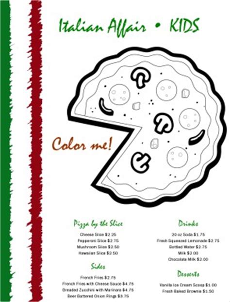Download or print for free. Pizza Coloring Menu | Kids' Menus