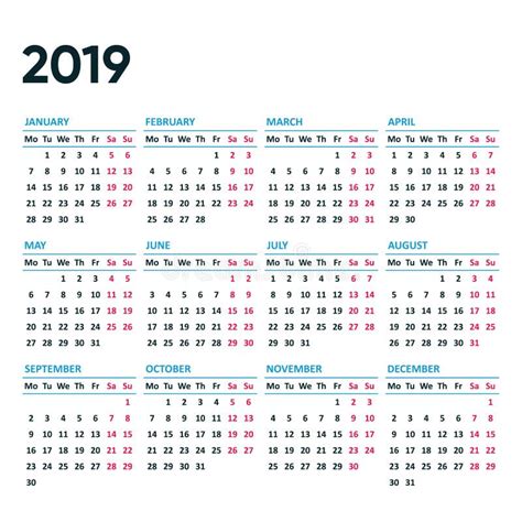 Nuevas Semanas De Calendario Simples Del Vector 2019 De Lunes
