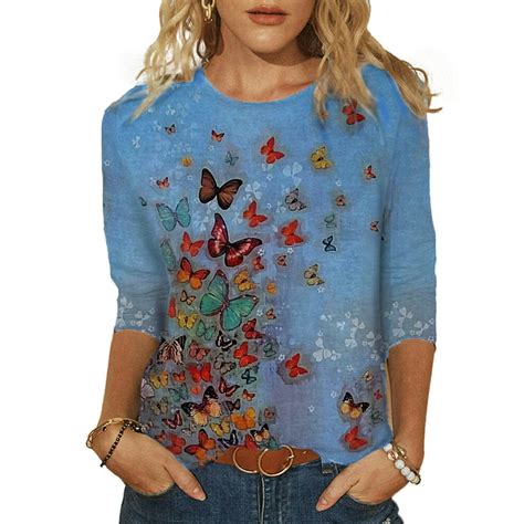 Wodstyle Womens Crew Neck Butterfly Print Shirts Loose Tee 34 Sleeve