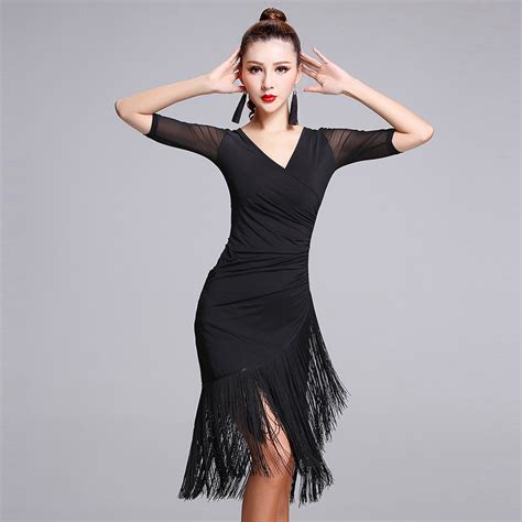 Classic Black Sheer Mesh Mid Sleeve V Neck Design Womens Latin Dance