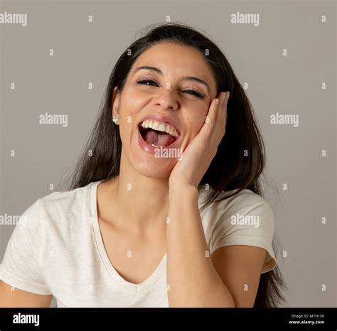 Close Up Beautiful Young Latin Hispanic Woman Laughing Cheerfully At