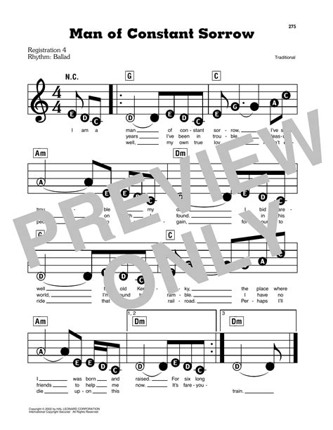 Man Of Constant Sorrow Sheet Music Traditional E Z Play Today