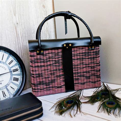 Wicker Bag With Black Genuine Leather Handles Large Straw Bag Etsy