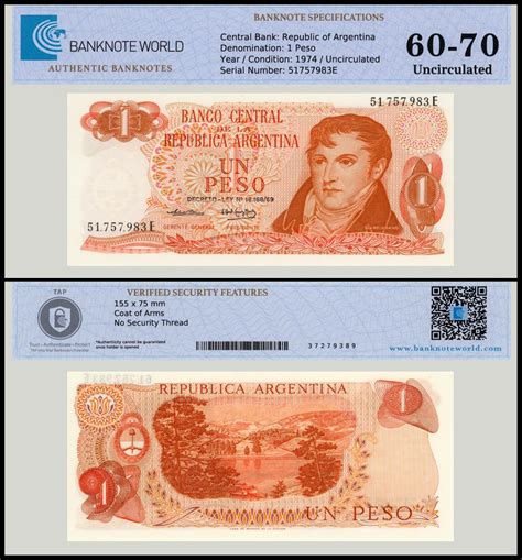 Argentina 1 Peso Banknote 1974 Nd P 293 Unc Tap 60 70 Authenticated