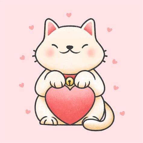 Cute Cat Holding Heart Cartoon Hand Drawn Style Premium Vector