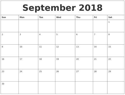 September 2018 Calendar Month