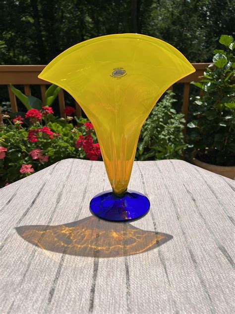 Blenko Glass Vase Fan Shape Signed Labeled Richard Blenko 2000 Yellow Blue Ebay