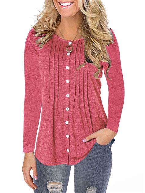Pullover T Shirts Blouse Tops Baggy Long Sleeve For Women Button Down