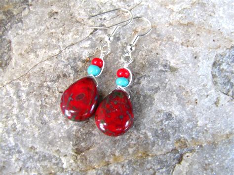 Red And Turquoise Earrings Picasso Glass Teardrops Wire Etsy